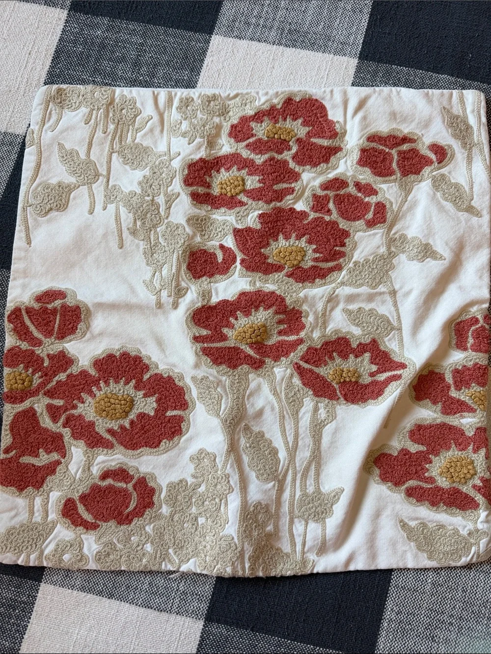 Pottery Barn Cream Pillow Covers with Red Poppy Embroidery - Pair